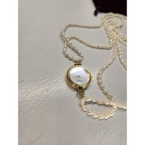 Lucoral Diamond Quartz Watch Necklace Fresh Water Pearl Gold Tone